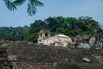 Maya temple ruin stairs with palace and observation tower, Palanque, Chiapas, Mexico