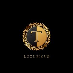 Golden T letter Logo Luxurious Nature Leaves, elegance vector design concept circle floral leaves with negative space letter logo.
