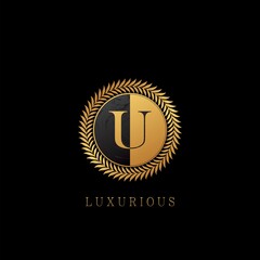 Golden U letter Logo Luxurious Nature Leaves, elegance vector design concept circle floral leaves with negative space letter logo.