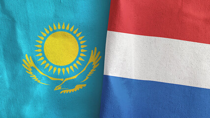 Netherlands and Kazakhstan two flags textile cloth 3D rendering