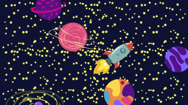 Cartoon Space. Cartoon rocket flies in outer space past the suspended planets, satellites and other objects. Flat loopback animation.