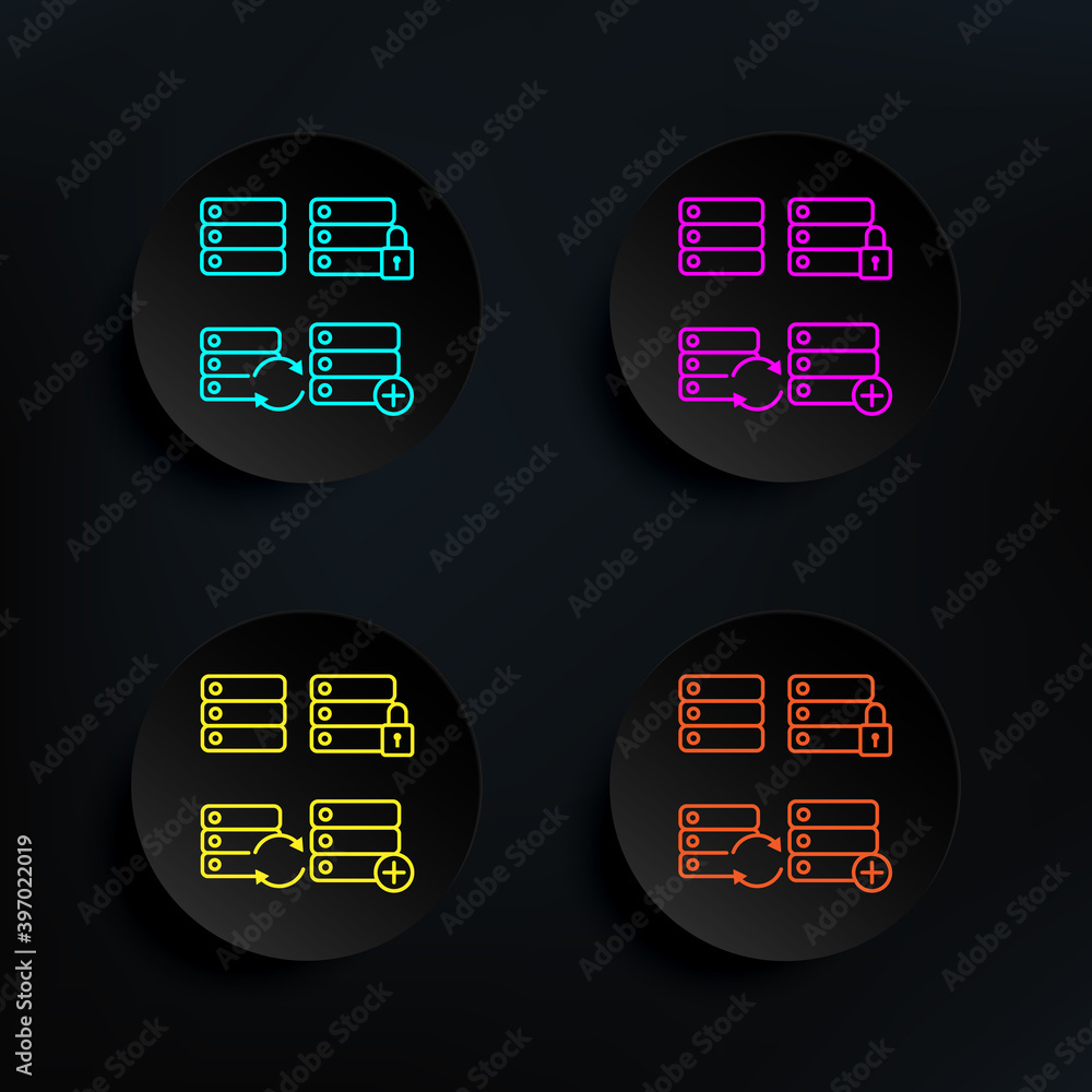 Poster server, lock, refresh, plus sign dark badge color set icon. simple thin line, outline vector of web 