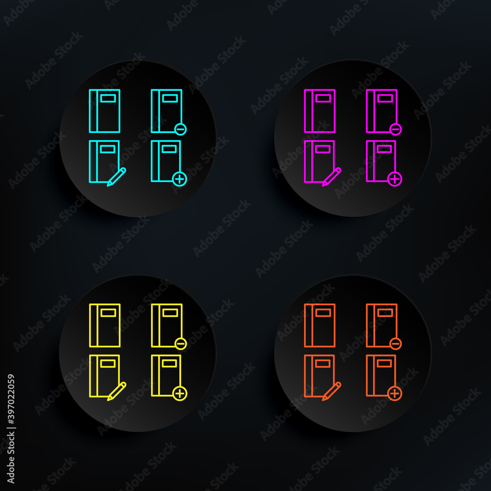 Poster notebook, write, plus, minus sign dark badge color set icon. simple thin line, outline vector of web