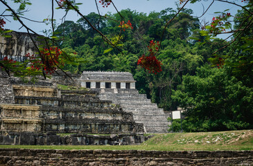 Temple of the inscriptions and palace at the archaeological Mayan site in Palenque, Chiapas, Mexico