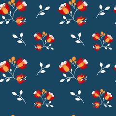 Bright flowers on a blue background. Seamless pattern. Vector graphics.