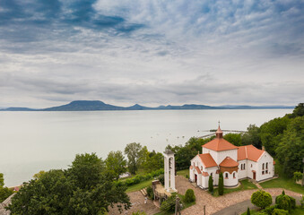 Fototapeta na wymiar Church in Fonyod with Lake Balaton