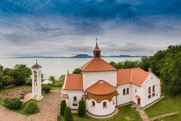 Church in Fonyod with Lake Balaton