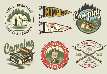 Set of camping and travel emblems or print, patch, including fish in tin can, tent, flag, lamp and stick with marshmallows