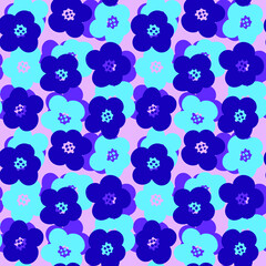 Simple purple flowers on a pink background. Round petals. Seamless vector pattern. For textiles, fabrics, fashion, children's goods, packaging.
