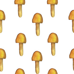 Cartoon mushroom seamless pattern on white background. Watercolor hand drawing illustration. Perfect for wallpaper, digital paper, print. Yellow toadstool mushroom.