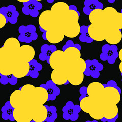 Yellow and violet simple flowers on a black background. Floral seamless pattern. Silhouette of flowers. Wildflowers. For textile, fabric, kid’s products, paper, packaging, decoration.