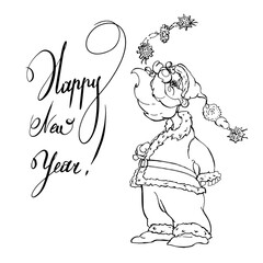 HAPPY NEW YEAR! The inscription and Santa Claus frost. Graphic black drawing. Isolated vector image. On a white background. Blank for printing.