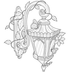 Street lamp with butterflies and leaves.Coloring book antistress for children and adults. Zen-tangle style.Black and white drawing