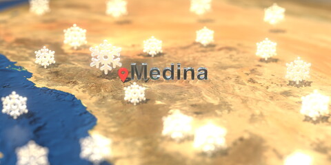 Snowy weather icons near Medina city on the map, weather forecast related 3D rendering