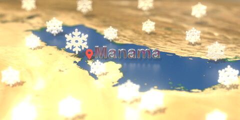 Manama city and snowy weather icon on the map, weather forecast related 3D rendering