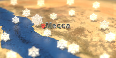 Snowy weather icons near Mecca city on the map, weather forecast related 3D rendering