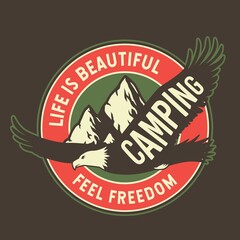 Colored patch eagle, mountain and rock for camping and outdoor travel expedition or t-shirt print