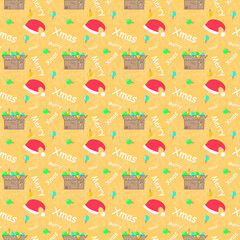 New Year and Christmas seamless pattern with box and Santa&rsquo;s hat