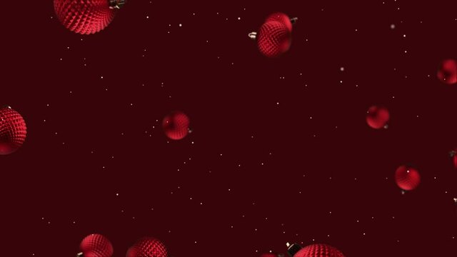 Digital animation of falling christmas baubles and snow on deep red background, loop.