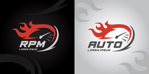 Speedometer RPM gauge icon. Auto speed logo with racing flame. Instrument cluster performance sign. Vector illustration.