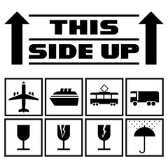 Naklejka premium This side up. Set signs. The image of broken and whole wine glasses, different types of transport, umbrella, text, black.