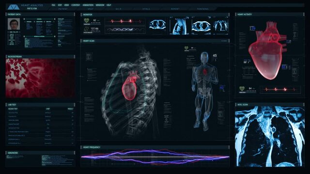 
Futuristic technological interface analyzing human male anatomy. Medical profile of patient showing heart and blood animation, MRI scan, respiratory system and vital signs. Healthcare information.