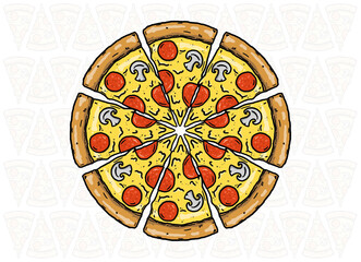 round cartoon sliced pizza illustration on white background. hand drawing cartoon style. served fast food. Italian pizza drawing