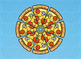 sliced pizza illustration cartoon style on blue gradient textured background. served fast food. Italian pizza drawing