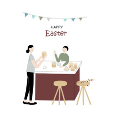 Happy Easter! Cute vector color flat illustration with family decorates cakes. Mom and son are preparing for the holiday. For greeting card, poster, banner.