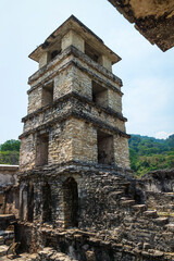 Naklejka premium Maya temple ruin observation tower of palace, Palanque, Chiapas, Mexico