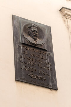 Prague, Czech Republic - July 10, 2020: Memorial plaque to Josef Kral.