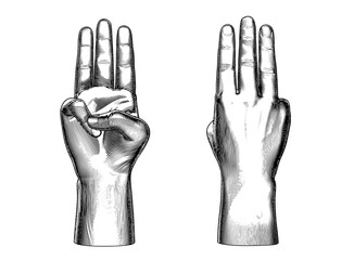 Abstract engraving three fingers hand gesture illustration on white BG