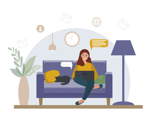 A woman with a laptop sits on the sofa. Work at home, online education. Student or freelancer. The concept of the Home Office and e-learning. vector flat illustration