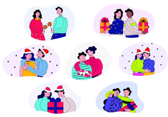 vector illustration - big Christmas set of cards.Holidays of a married couple family.A cozy celebration at home for two lovers - husband and wife. Give each other gifts.Flat style people character