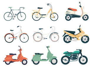 Set of scooter and bikes small city dual wheel transport for personal use or courier work flat vector illustration