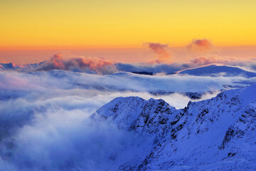 Winter alpine landscape in National Park Retezat, Carpathians, Romania, Europe. Snow covered moutains scenery