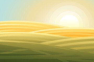 Obraz premium Rural morning landscape with hills and dales agricultural fields flat vector illustration