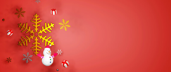 Fototapeta na wymiar 3D Rendering of Snow flakes and snowman, gifts on red background. There is a place to put text or products. Christmas Concept.