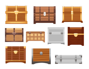 Set of wooden and metal chest for treasure and coins flat vector illustration for games isolated on white background