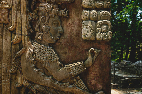 Detail of Basrelief carving of Mayan king at the archaeological site of Palenque, Chiapas, Mexico