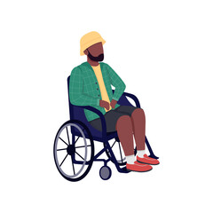 Obraz premium Disabled african man in wheelchair flat color vector faceless character. Patient with injury on rehabilitation. Impaired guy isolated cartoon illustration for web graphic design and animation