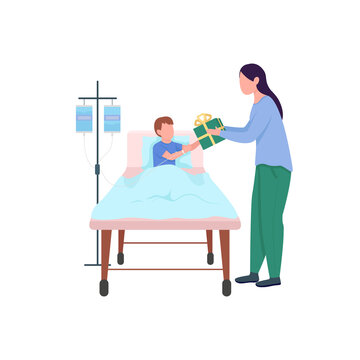 Sick Child And Volunteer Woman Giving Gift Flat Color Vector Faceless Character. Donation For Patient. Holiday Hospital Charity Isolated Cartoon Illustration For Web Graphic Design And Animation