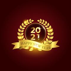 Luxury 2021 Happy New Year elegant design with golden circle, ribbon and, laurel wreath on dark red background. Golden celebration design.