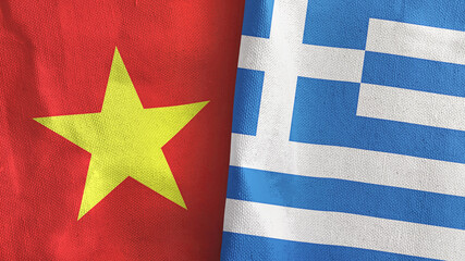 Greece and Vietnam two flags textile cloth 3D rendering