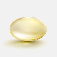 Collagen sphere isolated on gray background. Cosmetic golden vitamin capsule or gold oil pill. Vector 3d bubble serum essence