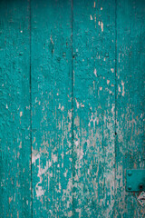 blue craquelure, old peeling paint wooden background. Vertical boards