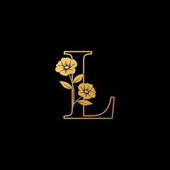 Golden Nature Flower Initial Letter L logo icon, vintage luxury vector design concept outline alphabet letter with floral flowers gold color.