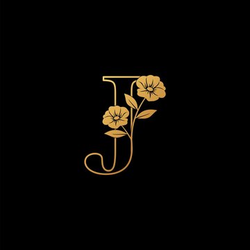 Golden Nature Flower Initial Letter J logo icon, vintage luxury vector design concept outline alphabet letter with floral flowers gold color.