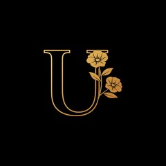 Golden Nature Flower Initial Letter U logo icon, vintage luxury vector design concept outline alphabet letter with floral flowers gold color.