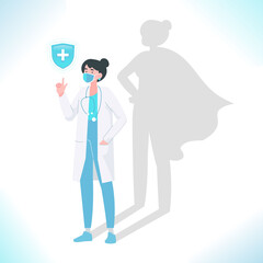 Confident young doctor standing bravely, superhero shadow on the wall. Super hero medical staff or hospital worker. Life saving doctor fighting against pandemic, vector illustration
